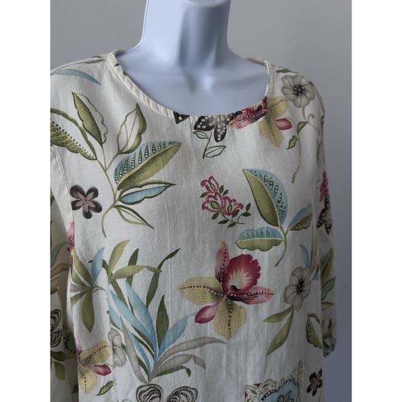 Sz: 1X Ivory Floral Linen Cotton Top by Hot Cotton (B54) Summer Spring - Picture 2 of 5